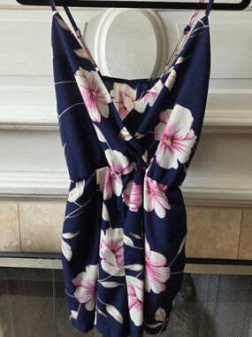 Navy Blue Pink Floral Crossover Romper Pockets | Summer Spaghetti Strap Size S/M